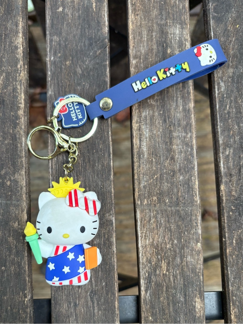 Hello Kitty Patriotic Statue of Liberty Keychain - Blue Strap, White Charm